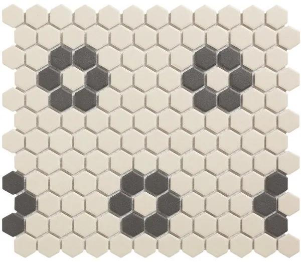 The Mosaic Factory London mozaiëktegel 2,3x2,3x0,6cm hexagon onverglaasd porselein vloertegel voor binnen en buiten vorstbestendig 4 bloemen p vel wit met zwart LOH-Kensington-4