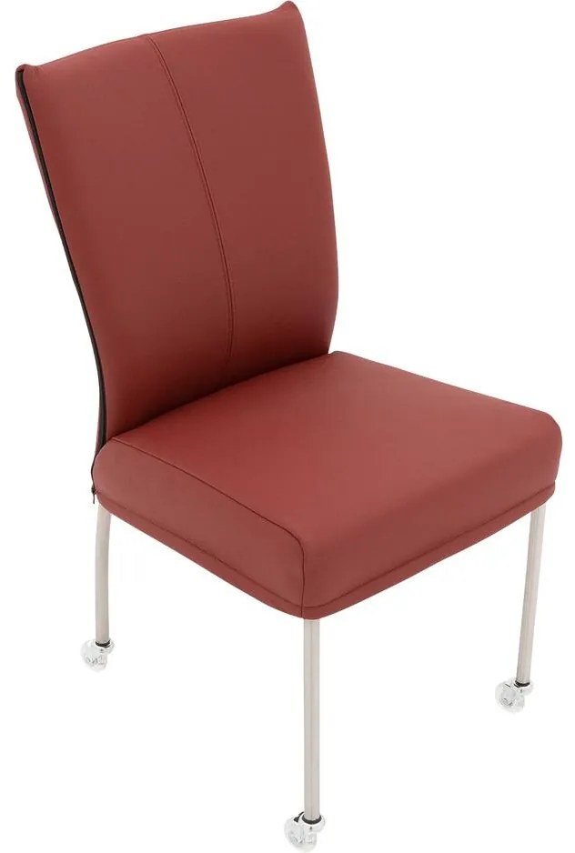 Goossens Eetkamerstoel Funk RVS Poten rood leer leuning en Transparant skater wiel met rvs kapmet wielen, modern design