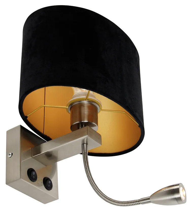 Wandlamp staal met ovale velours kap zwart 25cm - Brescia Combi