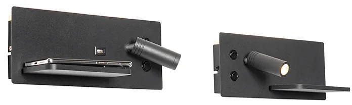 Set van 2 wandlamp zwart incl. LED met USB en inductielader - Riza