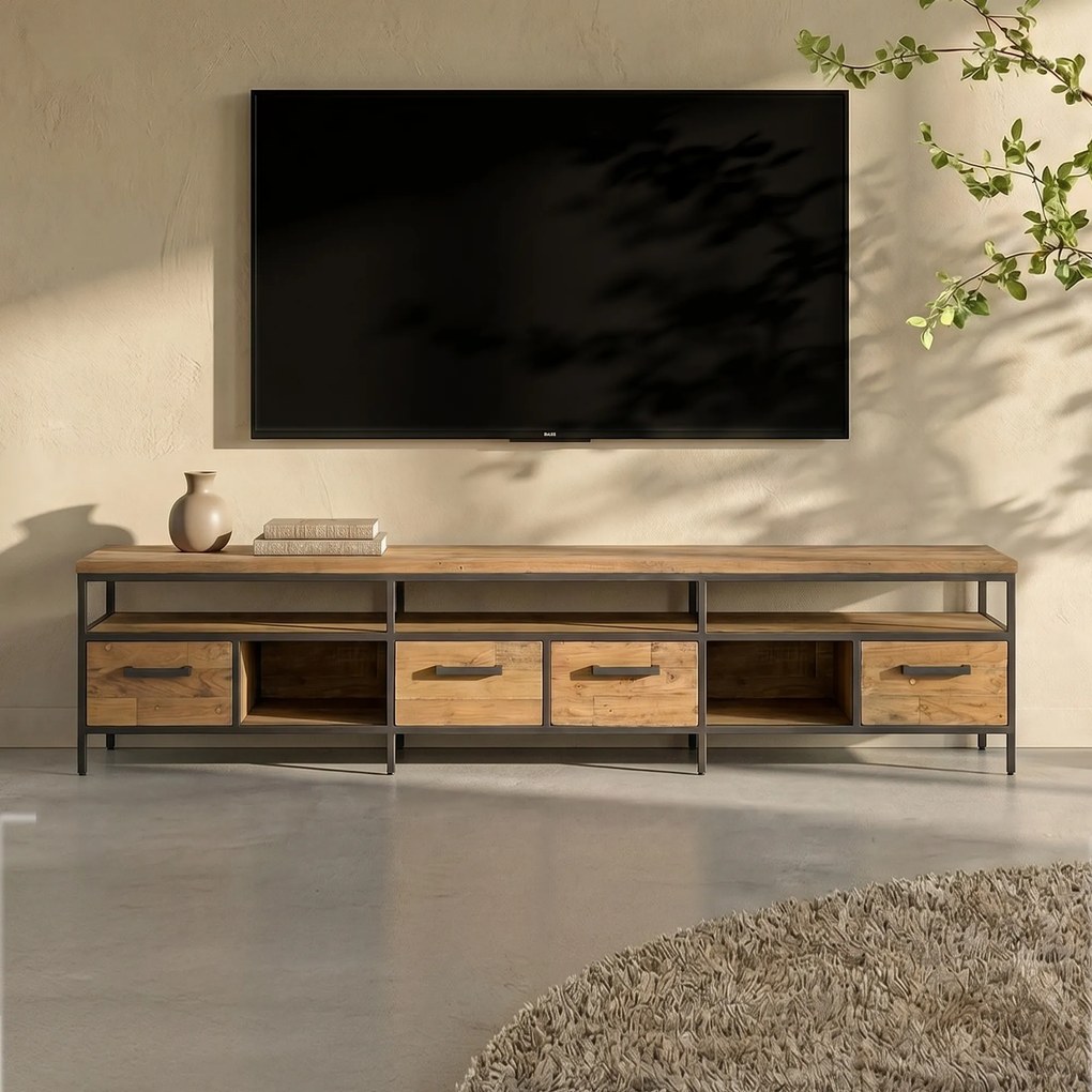 Tv-meubel Teakhout Met Lades 240 Cm - 240x40x45cm.