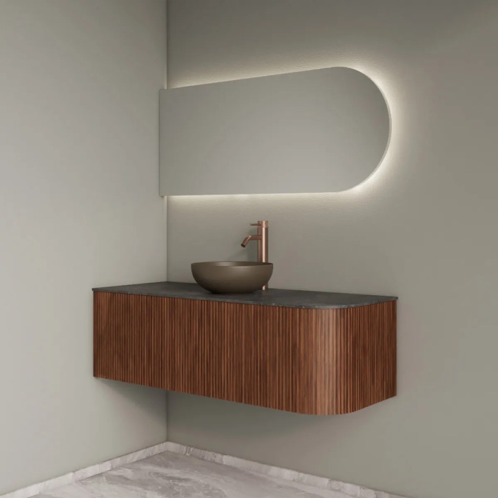 Gliss Design Alluro badmeubel ribbelfront met ronding rechts 120cm walnut en zwart leisteen toppaneel