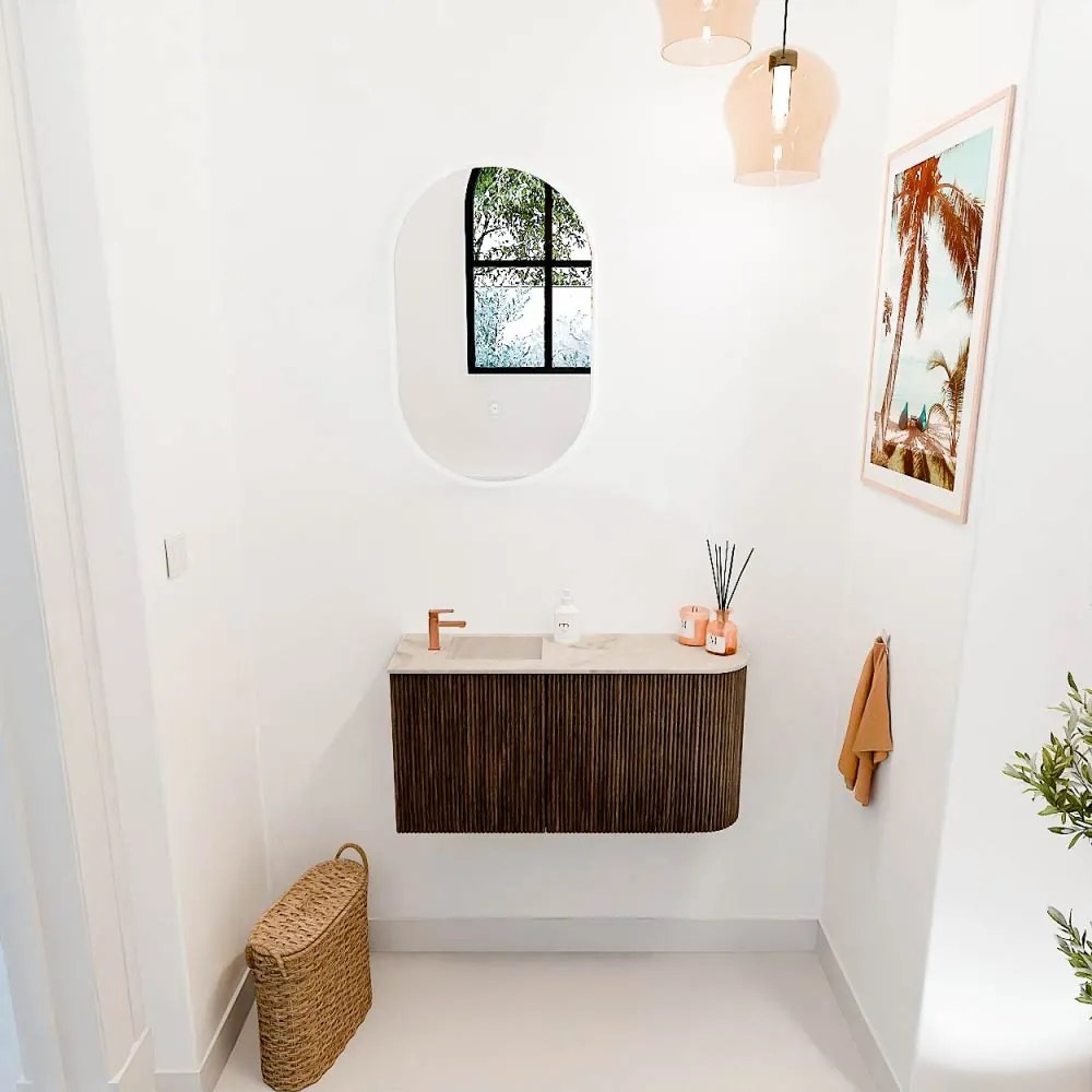 Mondiaz Joya DLux 80cm toiletmeubel ronding rechts walnut met wastafel faye links 1 kraangat frappe