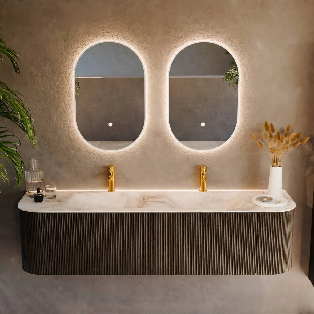 Mondiaz Kurve-dlux 170cm badmeubel ronding links/rechts shadow met 1 lade en 2 deuren en wastafel leaf dubbel 2 kraangaten frappe