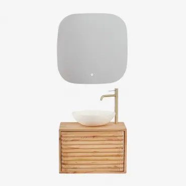 Deleyna Zwevend Houten Badkamermeubelset Natuurlijk Hout & Rond Cement Wit Ø40 Cm Zavion & Vierkant Led En Anticondens 75x75 Cm Riben & - Sklum