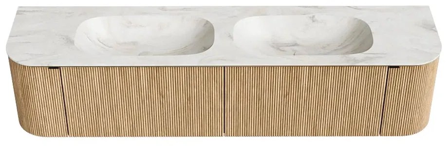 Mondiaz Kurve-dlux 190cm badmeubel ronding links/rechts oak met 2 lades en deuren en wastafel stor small dubbel 2 kraangaten ostra