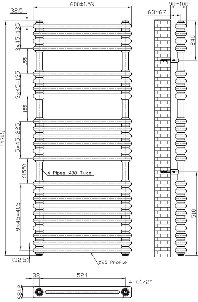 Eastbrook Imperia 2 koloms handdoekradiator 60x145cm 1426W antraciet