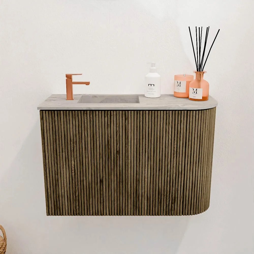 Mondiaz Joya DLux 60cm toiletmeubel ronding rechts dusk met wastafel faye links 1 kraangat glace