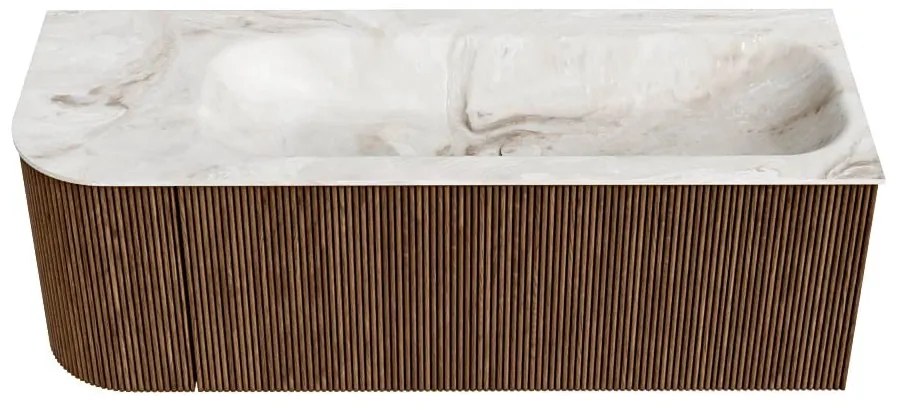 Mondiaz Kurve-dlux 125cm badmeubel ronding links walnut met 1 lade en deur en wastafel big medium kraangat rechts frappe