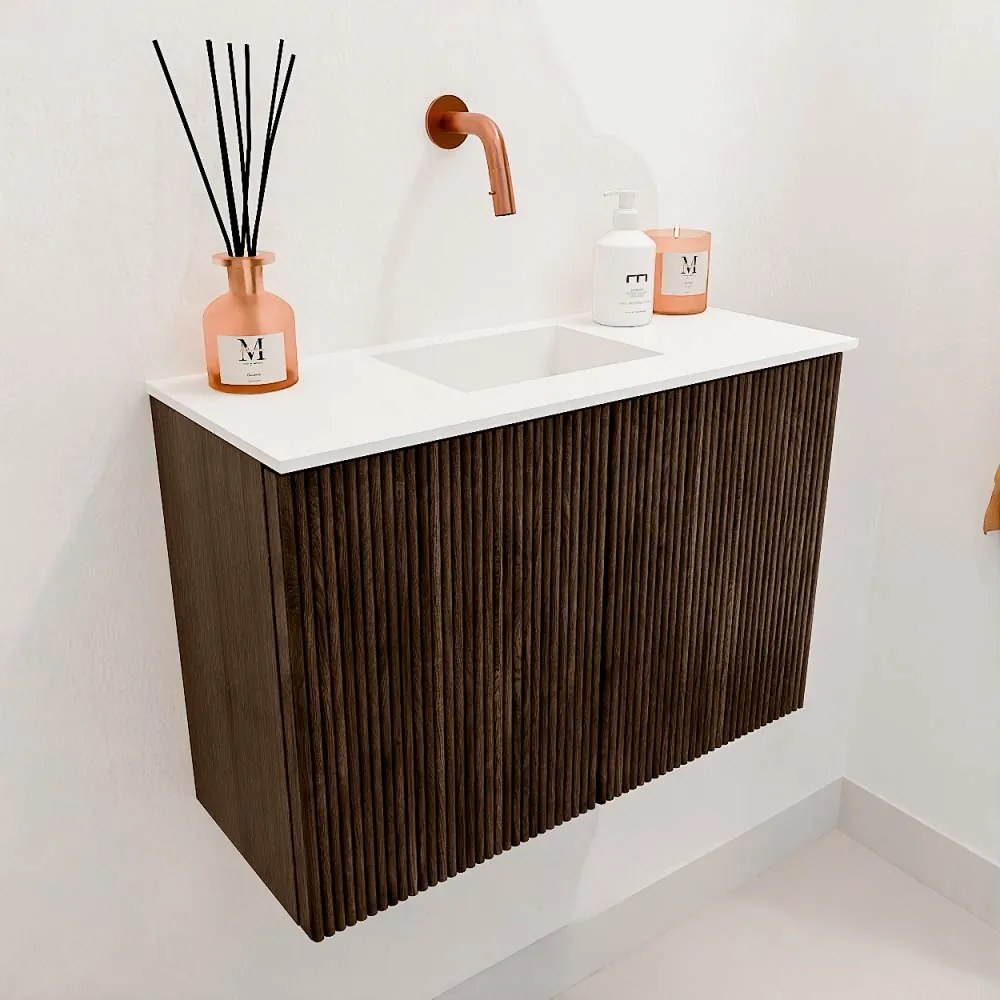 Mondiaz Joya 60cm toiletmeubel walnut met wastafel faye midden zonder kraangat talc