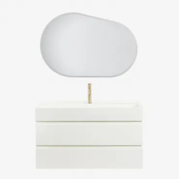 Ona Zwevend Badkamermeubelset Van Hout En Essenfineer Met Geïntegreerde Wastafel Wit & Ovaal Led En Anticondens 100x80 Cm Riben & Goud - Sklum