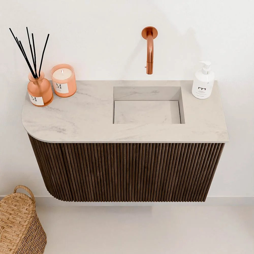 Mondiaz Joya DLux 60cm toiletmeubel ronding links walnut met wastafel faye rechts zonder kraangat opalo