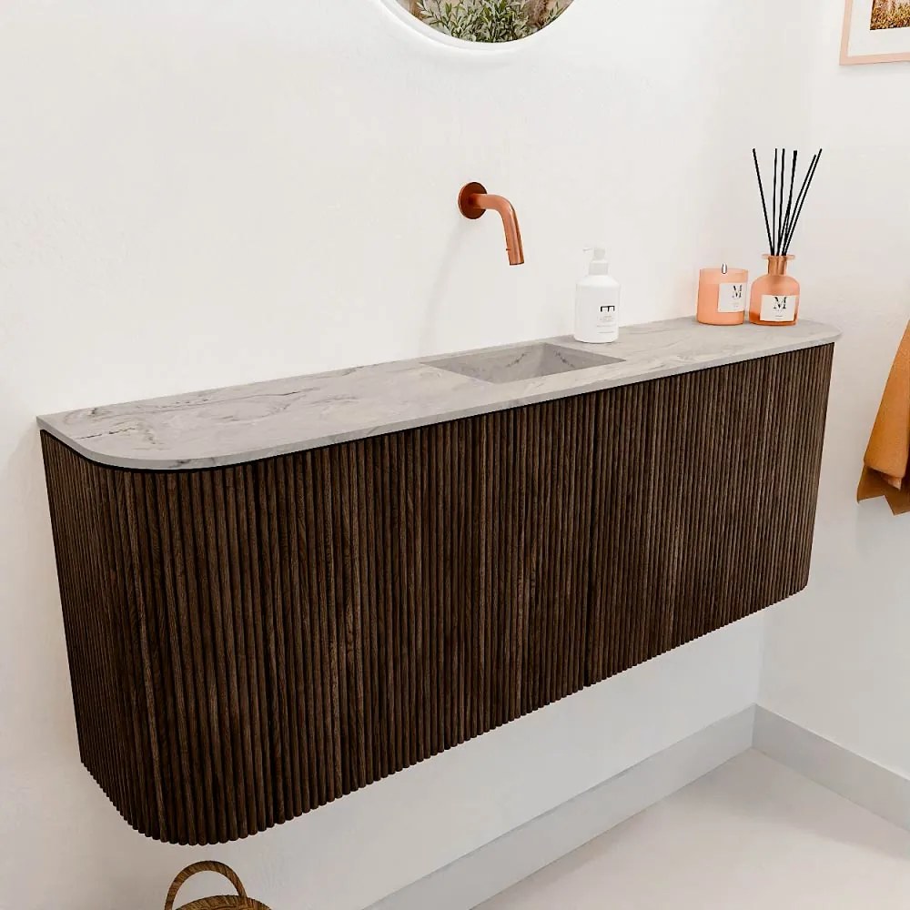 Mondiaz Joya DLux 115cm toiletmeubel ronding links/rechts walnut met wastafel faye midden zonder kraangat glace