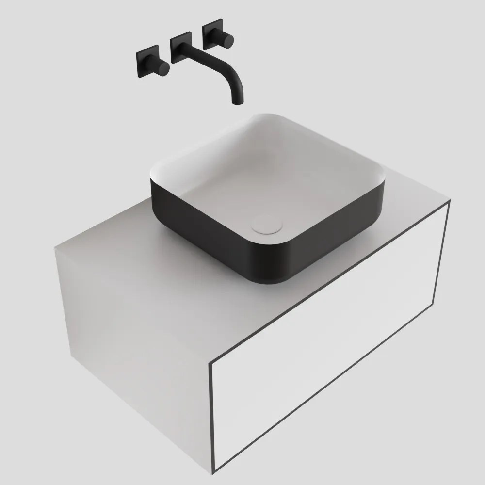 Zaro Lagom volledig naadloos solid surface onderkast met topblad 70cm mat zwart met 1 lades Push tot open. Compleet met solid surface opzetkom met 0 kraangat(en)