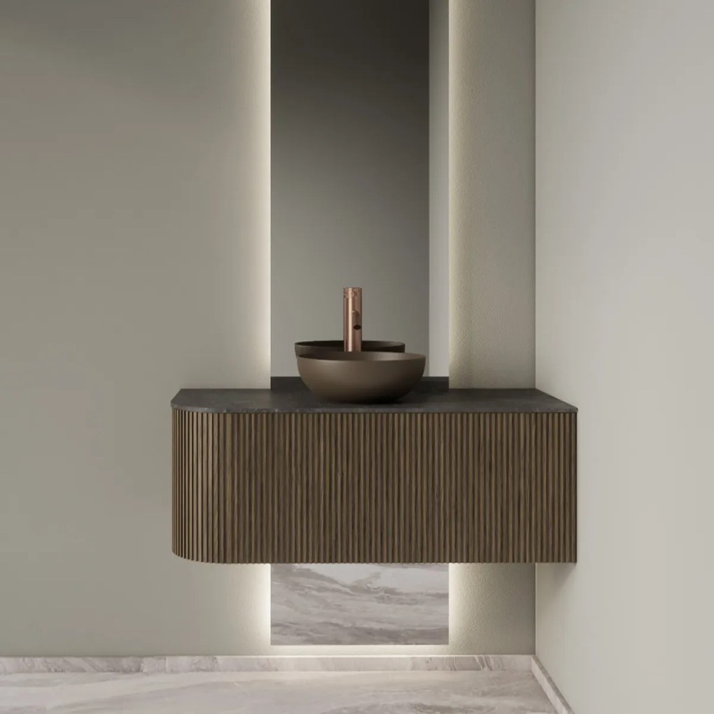 Gliss Design Alluro badmeubel ribbelfront met ronding links 100cm ash grey en zwart leisteen toppaneel