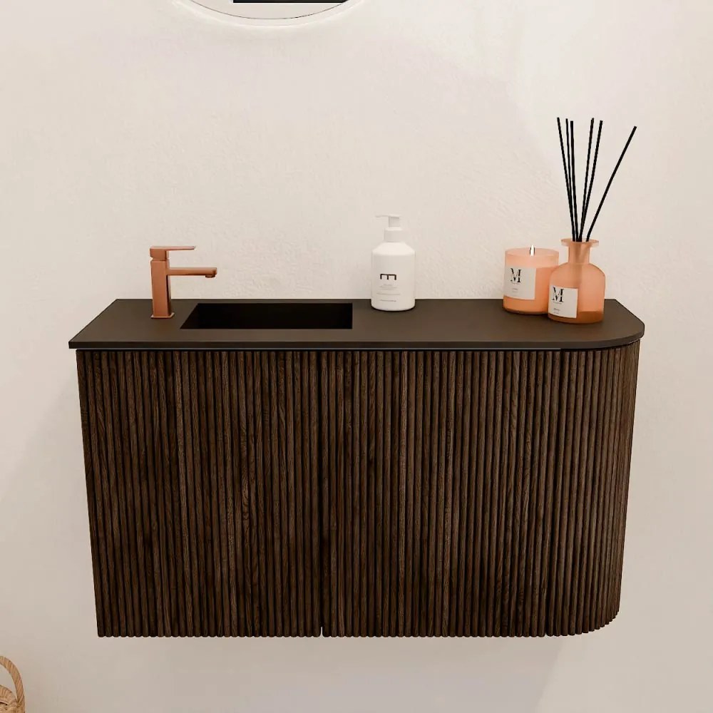 Mondiaz Joya 70cm toiletmeubel ronding rechts walnut met wastafel faye links 1 kraangat urban