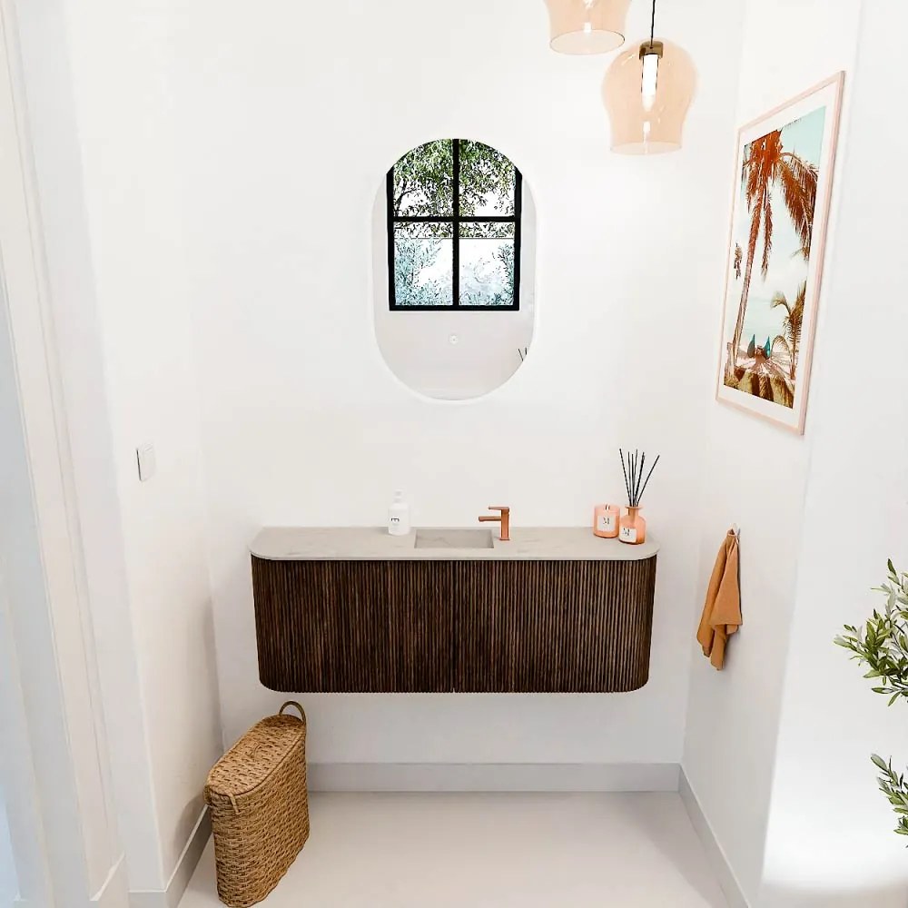 Mondiaz Joya DLux 115cm toiletmeubel ronding links/rechts walnut met wastafel faye midden 1 kraangat opalo