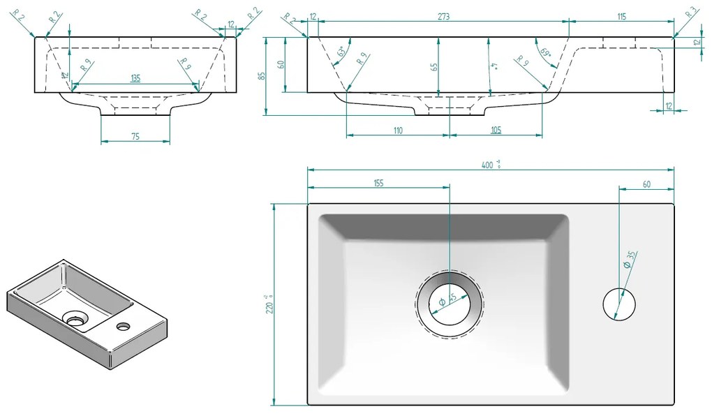 Sanicare Q40 mineraalmarmeren fontein voor toiletmeubel 40x22cm wit