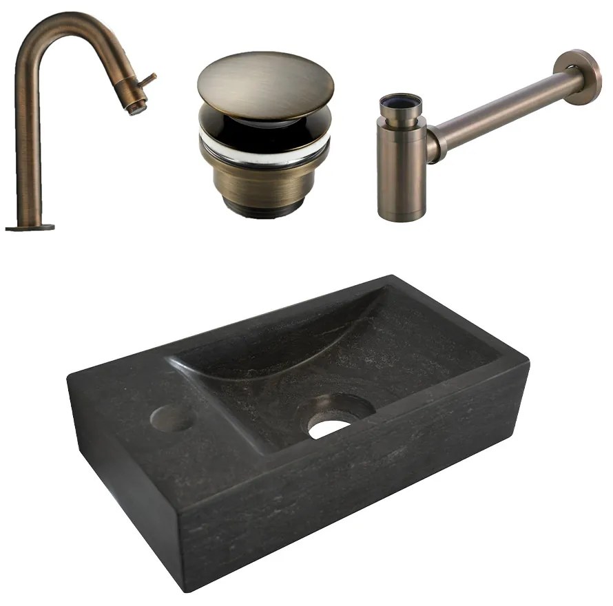 Mueller Small natuursteen fonteinset links met verouderd messing gebogen fonteinkraan en toebehoren