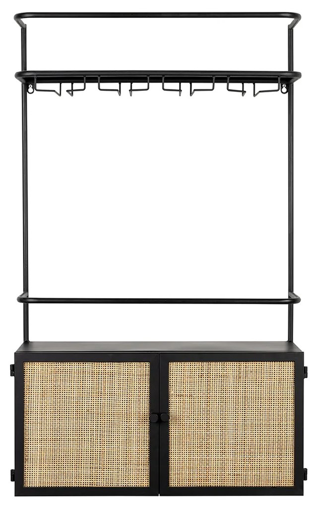 Muur Wijnrek Zwart Met Rotan - 60x18x100cm.