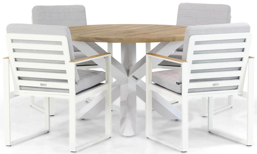 Tuinset Ronde Tuintafel 4 personen 120 cm Aluminium/teak Wit Santika Furniture Soray