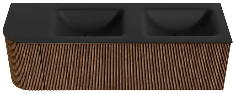 Mondiaz Kurve 145cm badmeubel ronding links walnut met 1 lade en deur en wastafel cloud dubbel/rechts zonder kraangat urban