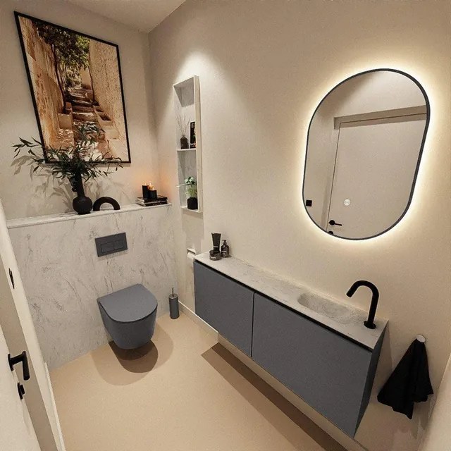 MONDIAZ TURE-DLUX 120cm toiletmeubel Dark Grey. EDEN wastafel Opalo positie rechts. Met 1 kraangat. TUREDX120DGRR1OPA