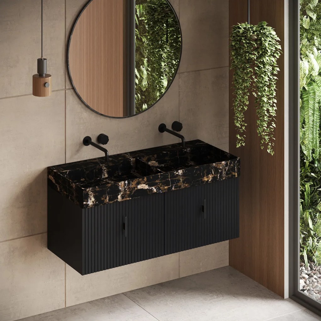 Muebles Zahora badmeubel ribbelfront 120cm antraciet met Portoro Gold wastafel zonder kraangaten