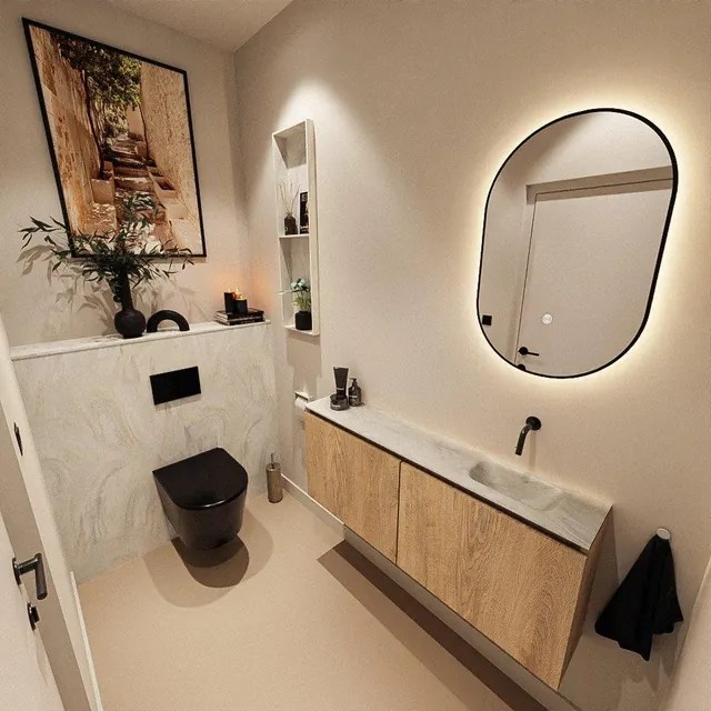 MONDIAZ TURE-DLUX 120cm toiletmeubel Washed Oak. EDEN wastafel Ostra positie rechts. Zonder kraangat. TUREDX120WASR0OST