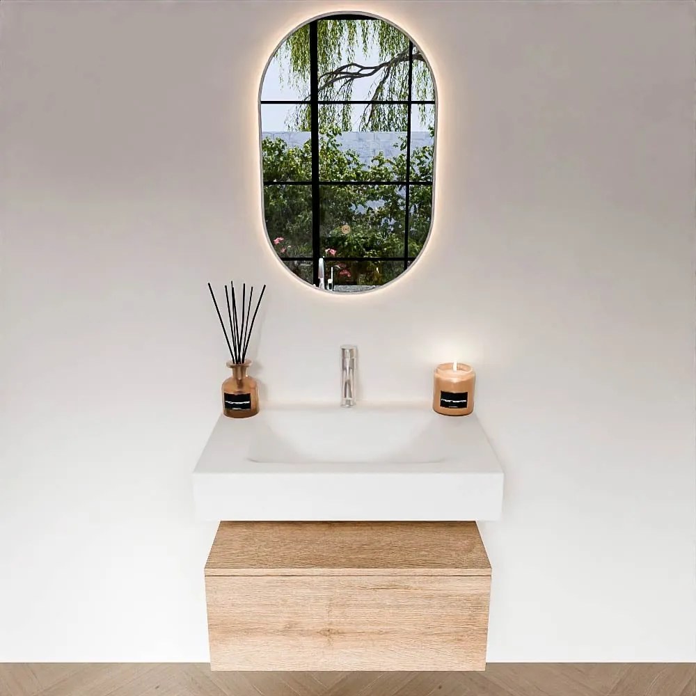 Zaro Alan badmeubel 70cm washed oak 1 lade met vrijhangende wastafel cloud midden 1 kraangat talc