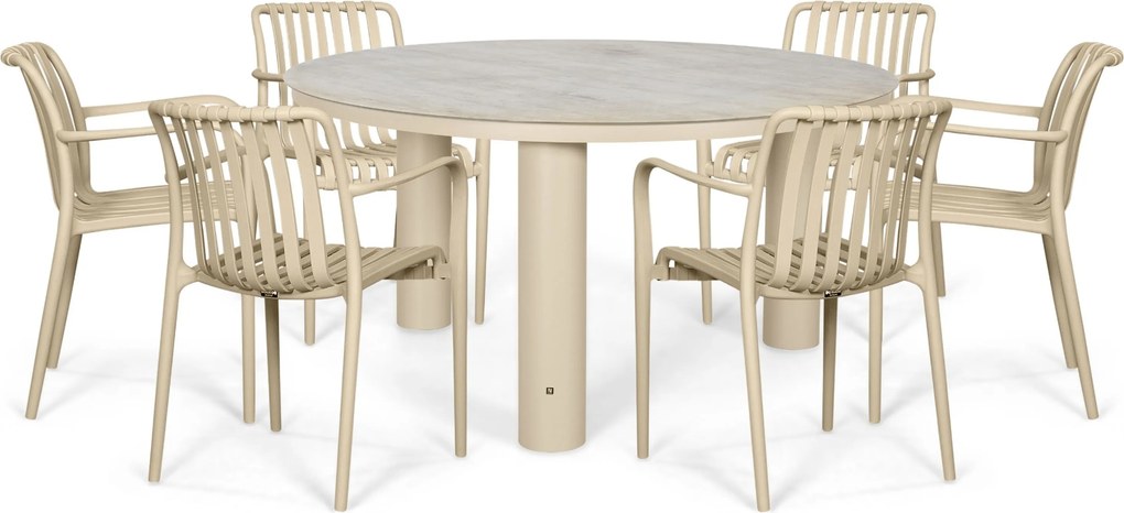 Tuinset Ronde Tuintafel 6 personen 150 cm Kunststof Zand/Beige  Domani Furniture Alba/Arancia