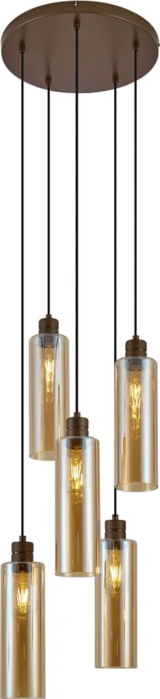 Hotel Chique hanglamp donker brons met amber glas 5-lichts - Stavelot