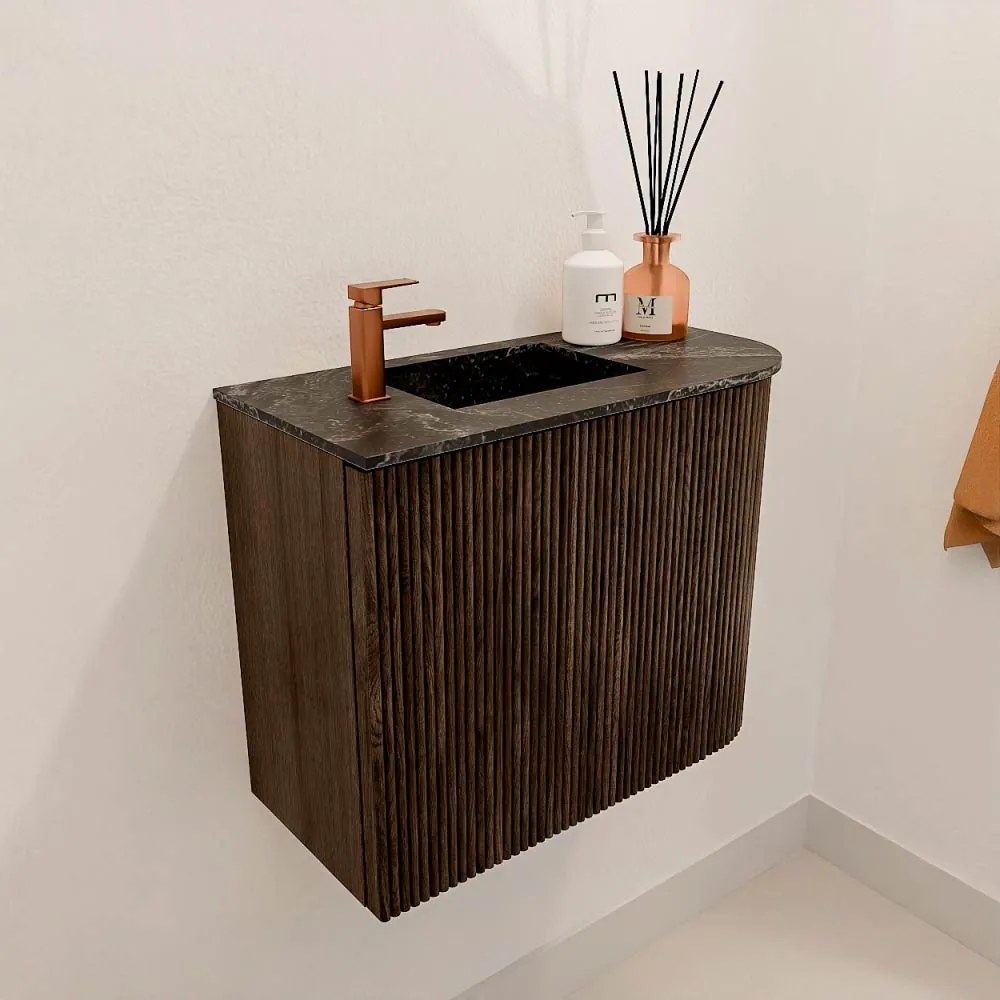 Mondiaz Joya DLux 50cm toiletmeubel ronding rechts walnut met wastafel faye links 1 kraangat lava