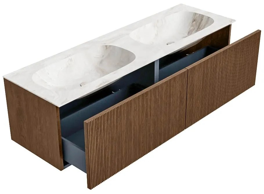 Mondiaz Kurve-dlux 150cm badmeubel walnut met 2 lades en wastafel stor small dubbel zonder kraangat frappe
