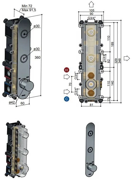 Hotbath Cobber Afbouwdeel thermostaat Verticaal met 2 push buttons Geborsteld Messing PVD PB066