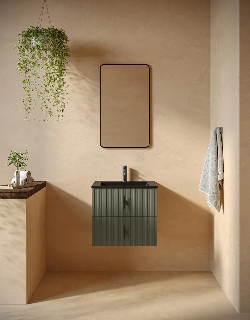 Muebles Marbella badmeubel ribbelfront 60cm legergroen met zwarte wastafel met kraangat