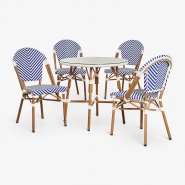 Set Ronde Tafel Ø80 Cm En 4 Stapelbare Eetkamerstoelen In Aluminium Brielle Bistro Ken Blauw - Gardenia Wit - Sklum