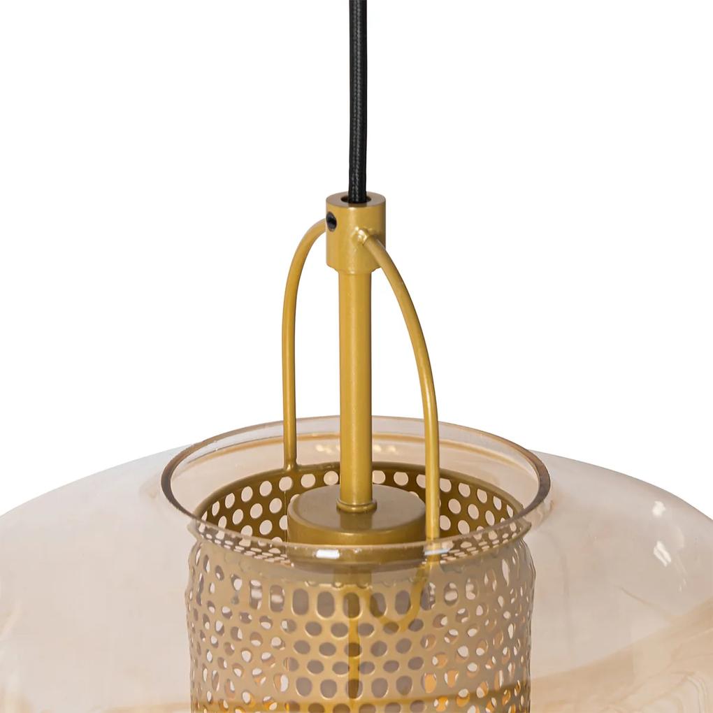 Eettafel / Eetkamer Hanglamp goud met amber glas 30 cm langwerpig 3-lichts - Kevin Art Deco E27 Binnenverlichting Lamp