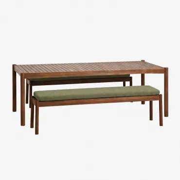 Set Van Een Rechthoekige Tafel 220x100 Cm En 2 Tuinbanken Van Acaciahout Karvia Acacia Bruin & Bouclé Saliegroen - Sklum