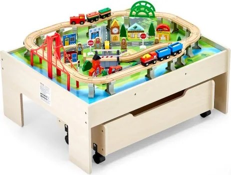 VEVOR Houten Activiteitentafel, 100-delige Treintafel met Rollade, 3-in-1 Houten Treinset om mee te Spelen, Schilderen, Lezen, Eten, Creatieve Speelgoedset voor Kinderen vanaf 3 Jaar
