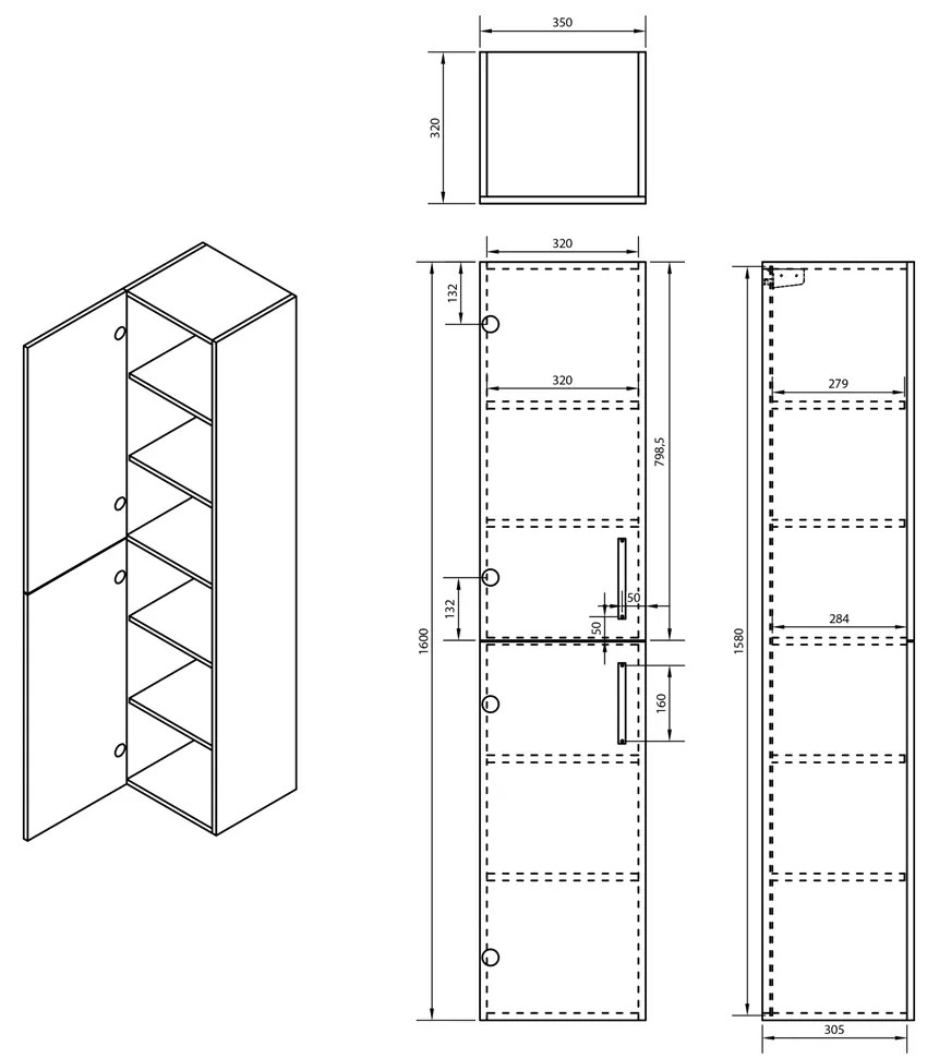 Differnz Hilde hoge kast 160cm l/r hoogglans wit