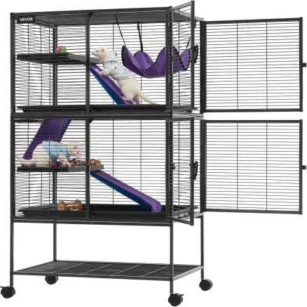 VEVOR Kleine Dierenkooi, Metalen Frettenkooi, Verblijf voor Kleine Dieren, 77x52x130 cm, voor Fretten, Chinchilla's, Vliegende Eekhoorns, Cavia's & Konijnen, 4 Verdiepingen, Draadafstand 13,97 mm, Vergrendelbare Zwenkwielen