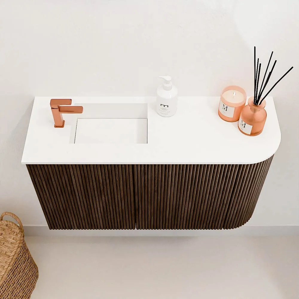 Mondiaz Joya 70cm toiletmeubel ronding rechts walnut met wastafel faye links 1 kraangat talc
