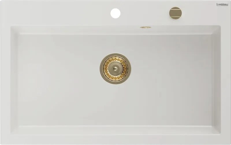 Mexen Elix granieten spoelbak 1-komorige 800 x 500 mm, wit, gouden sifon - 6527801005-20-G