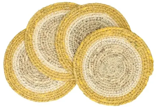 Onderzetter naturel, zeegras, gele rand, set van 4