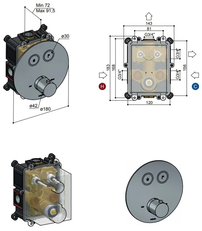 Hotbath Cobber Afbouwdeel thermostaat Rond met 2 push buttons Geborsteld Koper PVD PB009