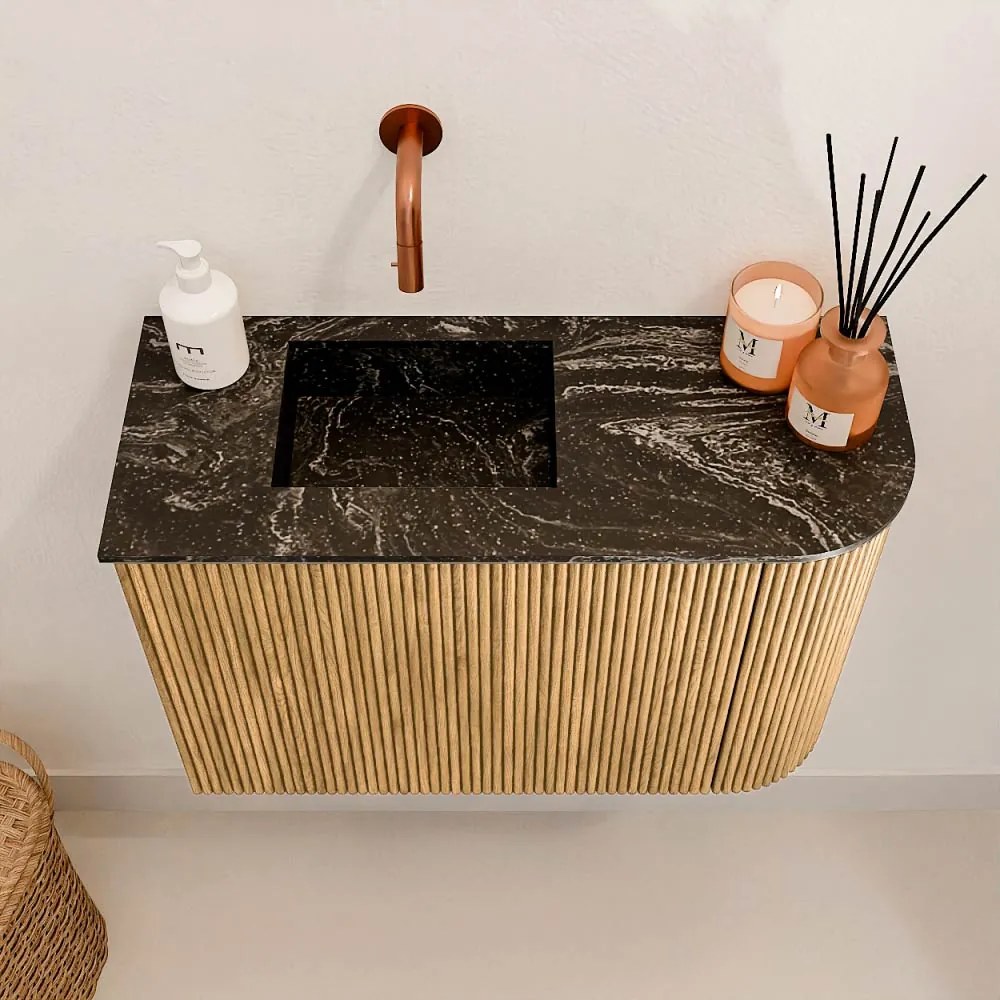Mondiaz Joya DLux 60cm toiletmeubel ronding rechts oak met wastafel faye links zonder kraangat lava