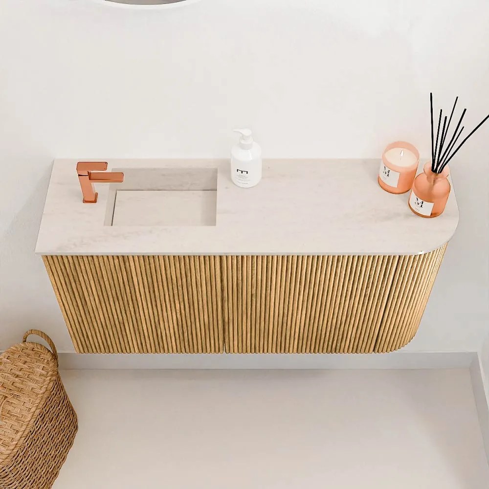 Mondiaz Joya DLux 80cm toiletmeubel ronding rechts oak met wastafel faye links 1 kraangat meli