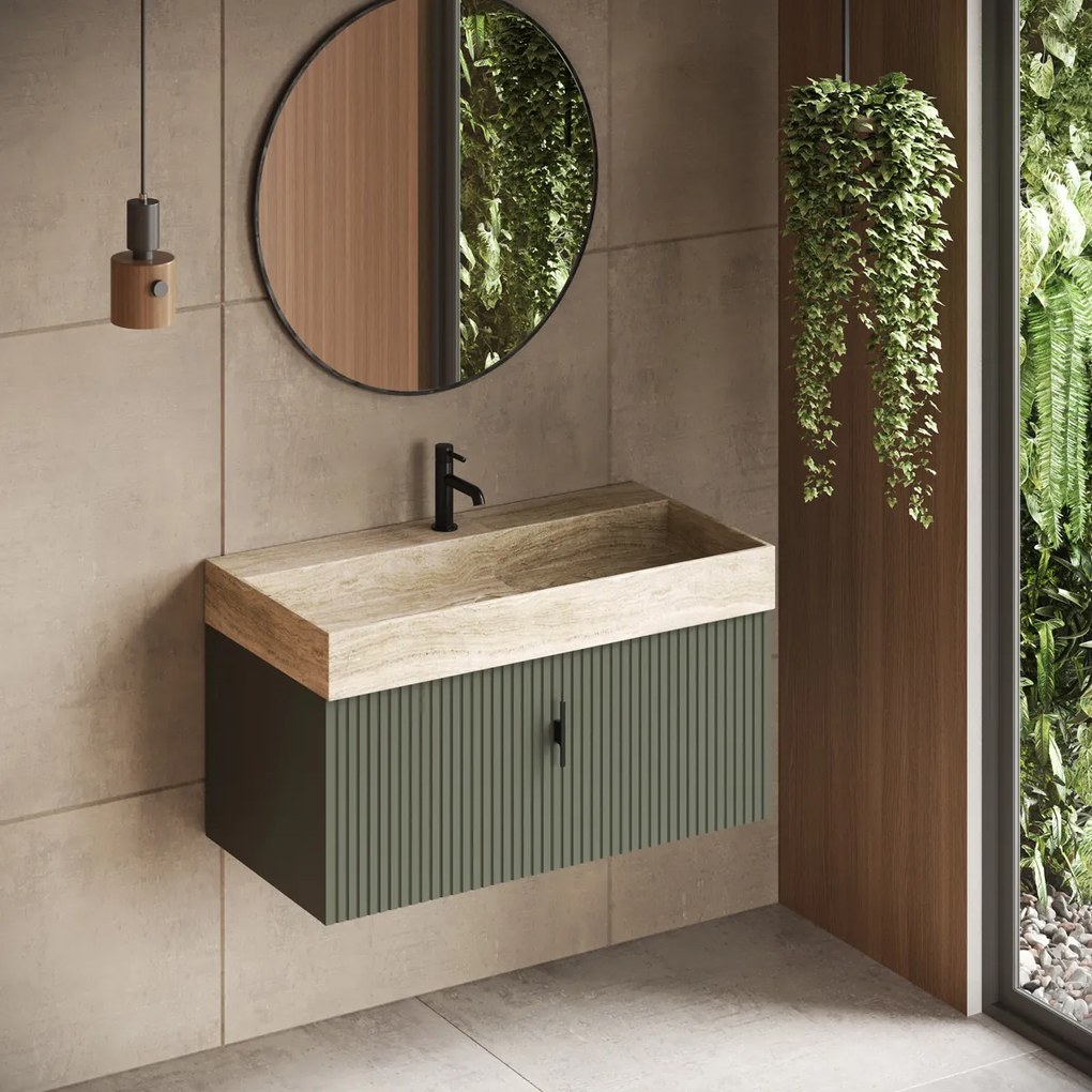 Muebles Zahora badmeubel ribbelfront 100cm legergroen met White Travertin wastafel zonder kraangat