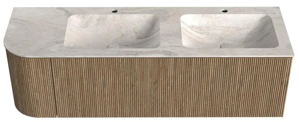 Mondiaz Kurve-dlux 145cm badmeubel ronding links dusk met 1 lade en deur en wastafel leaf dubbel/rechts 2 kraangaten ostra
